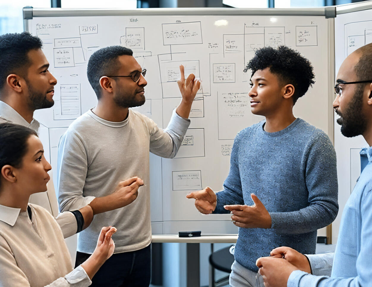Team conversating designs over a whiteboard Team of ux designers conversating designs over a whiteboard. created by xAI.