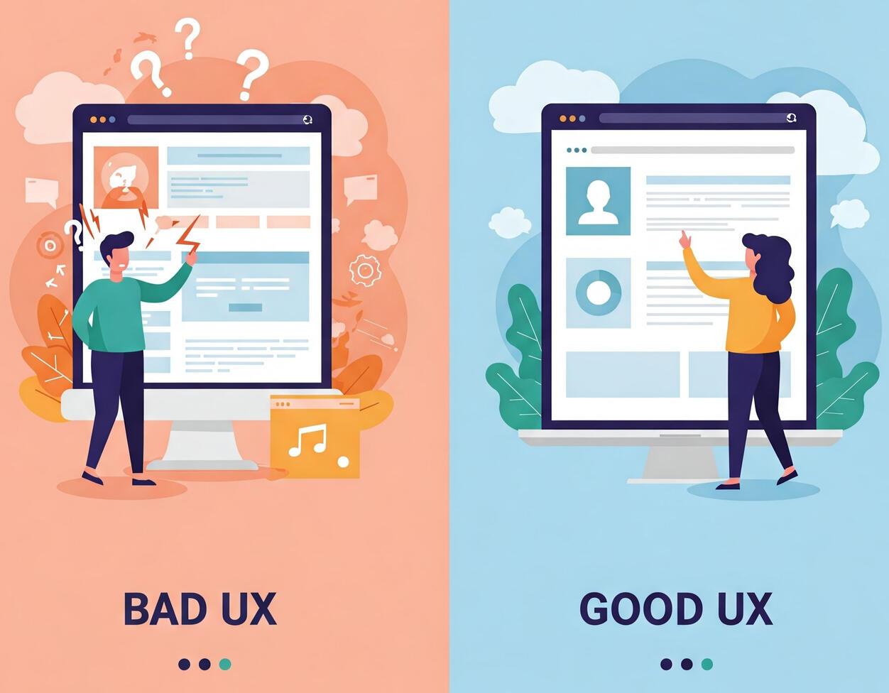image of two websites. one user is happy because of good ux design the other user is not because of bad ux design